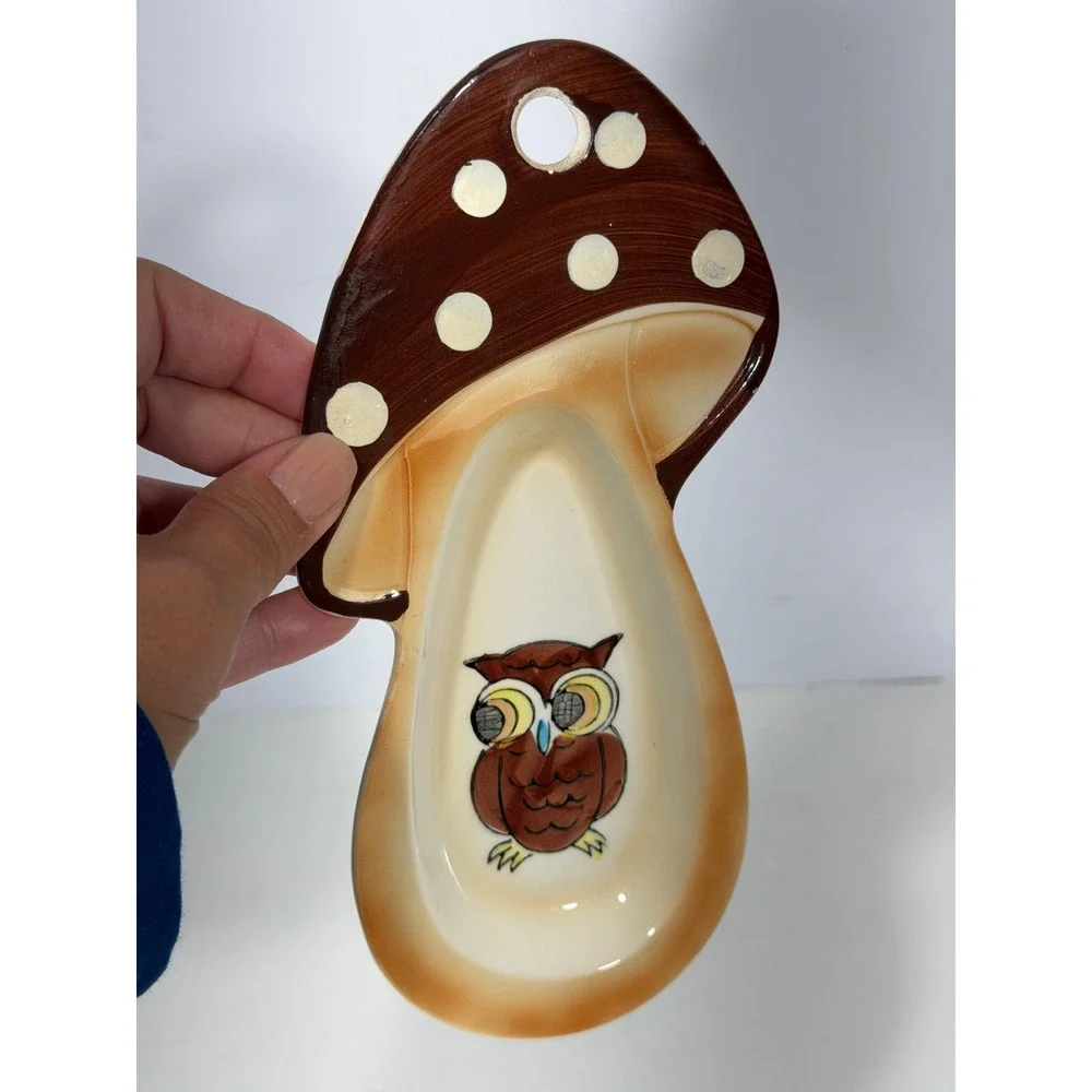 Vintage Japan Ceramic Mushroom Owl Spoon Rest Wall Hanging Brown Polka Dot Retro
